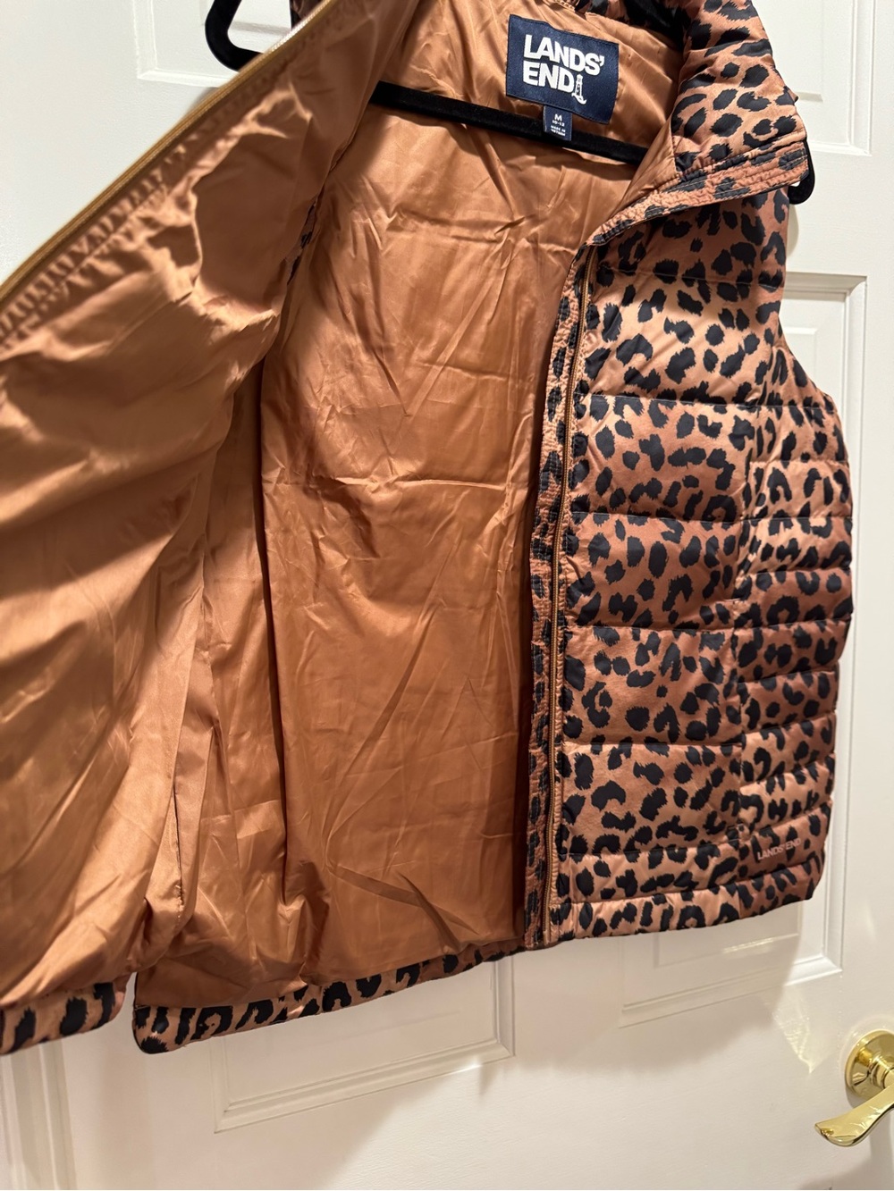 Lands' End Women’s Leopard Print Puffer Vest - Brown/Black - Picture 4 of 5